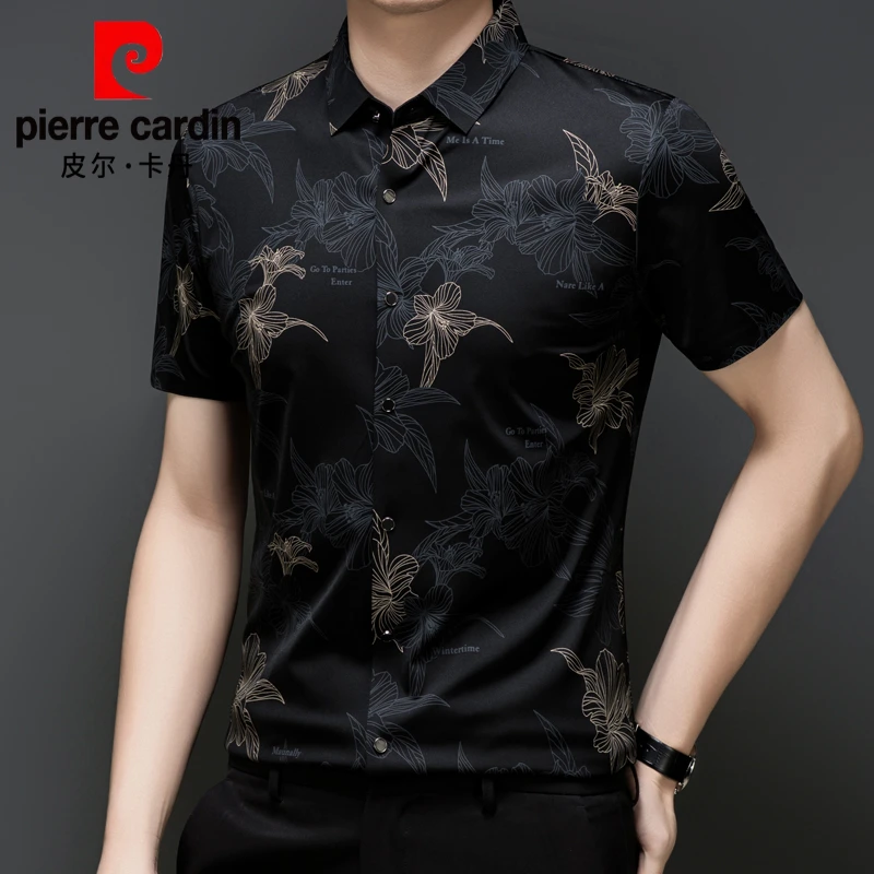 皮尔卡丹正品男士高档短袖衬衫夏季印花抗皱免烫无痕高弹时尚衬衣