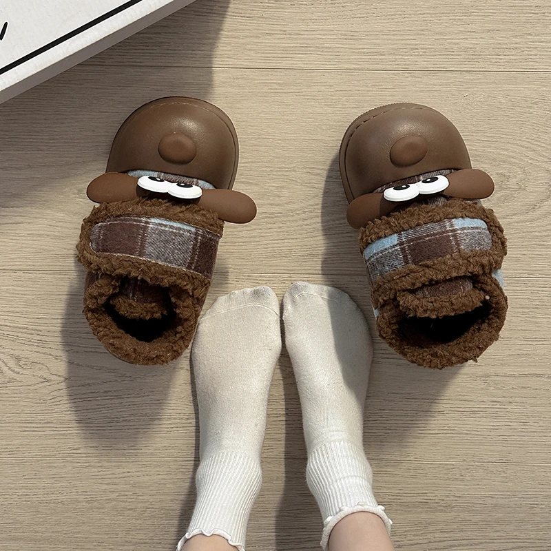 丑萌卡通小狗魔术贴棉鞋女士2025冬季格子加绒保暖厚底外穿毛毛鞋