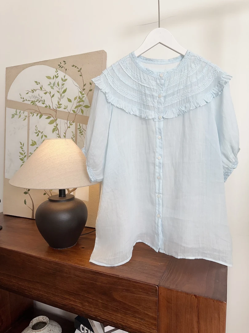 可衣-【寄红豆】2025森系夏季新款花边短袖苎麻衬衫