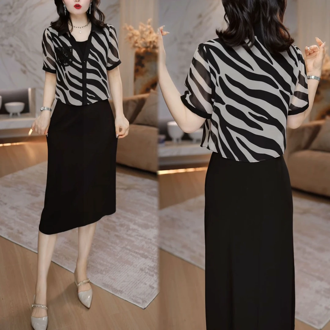时尚假两件短袖连衣裙女2025夏季新款气质收腰显瘦斑马纹休闲裙子