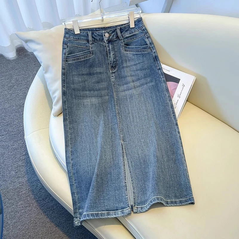 浅蓝色高腰牛仔半身裙女春季2025新款开叉直筒裙显瘦包臀半身裙子