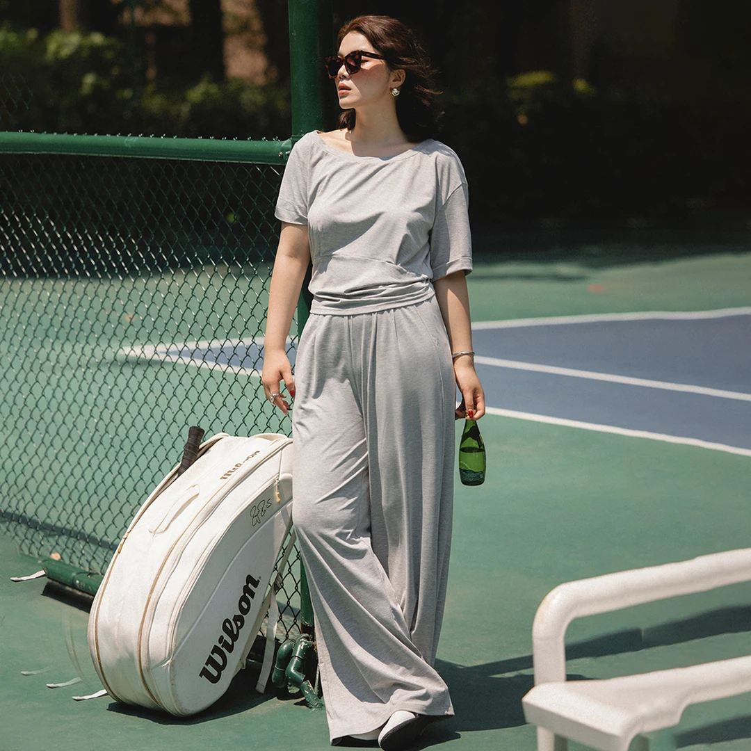 PLUSMALL 纯欲直角肩 松弛装凉感针织露肩打褶套装PLUS2505009AB