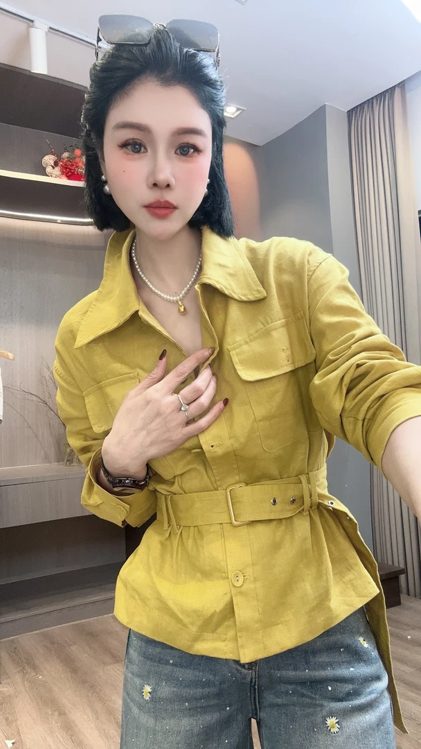 【YUANJIE】欧货春夏新款设计师款翻领一排扣收腰显瘦麻料衬衫