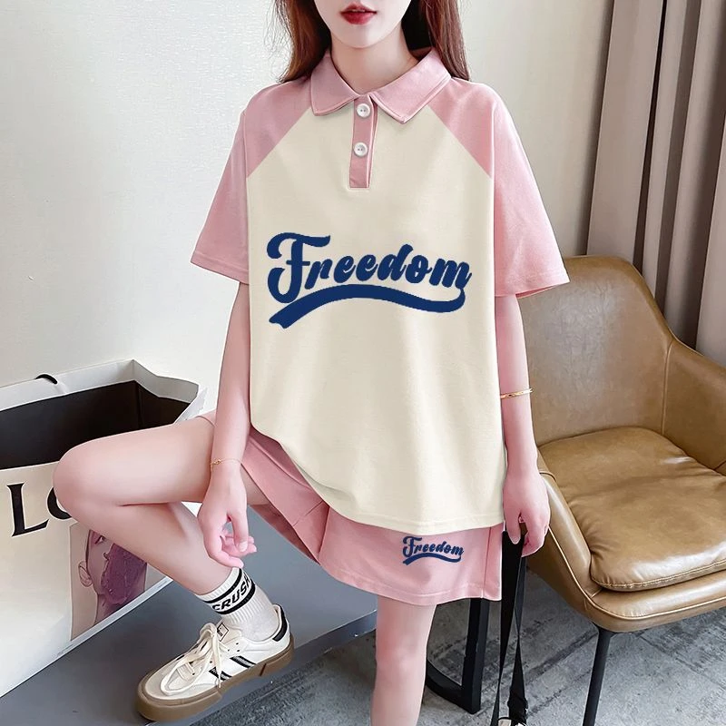 夏季休闲宽松纯棉短袖两件套女2025新款洋气学生体恤短裤运动套装