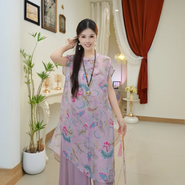 2025复古苎麻印花中长款无袖连衣裙女夏新款文艺新中式气质上衣