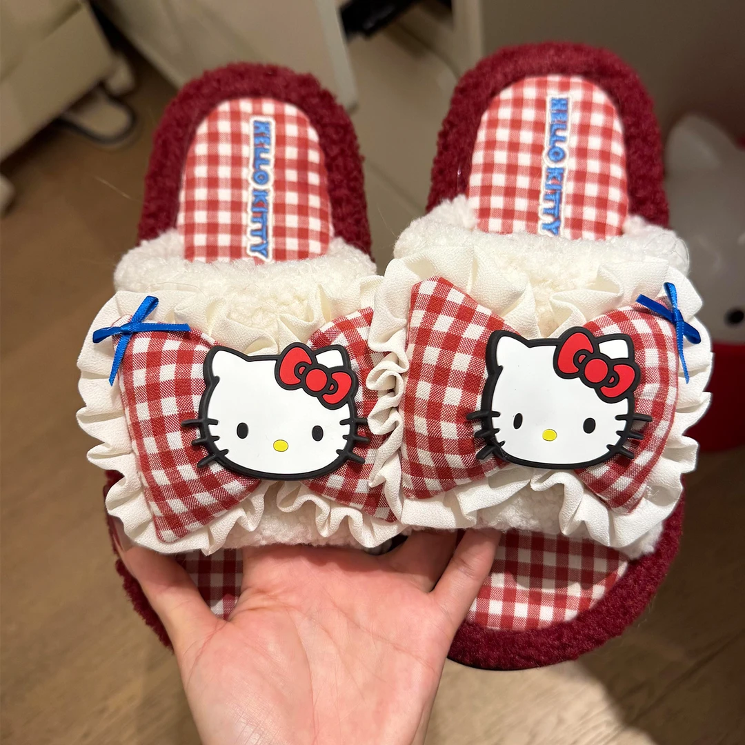 格子哈喽Kitty棉拖鞋女2025新款外穿一字毛绒拖室内家居冬天舒适