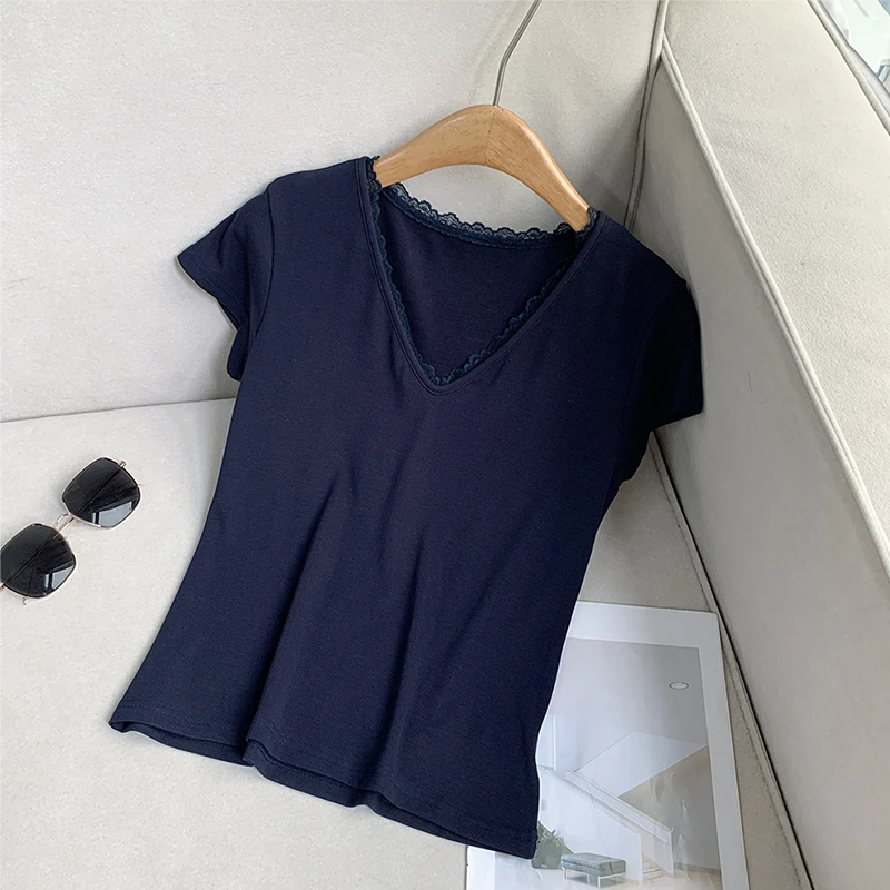 【南油溪溪】藏青色V领蕾丝领口夏季短袖修身显瘦纯色气质T恤800618