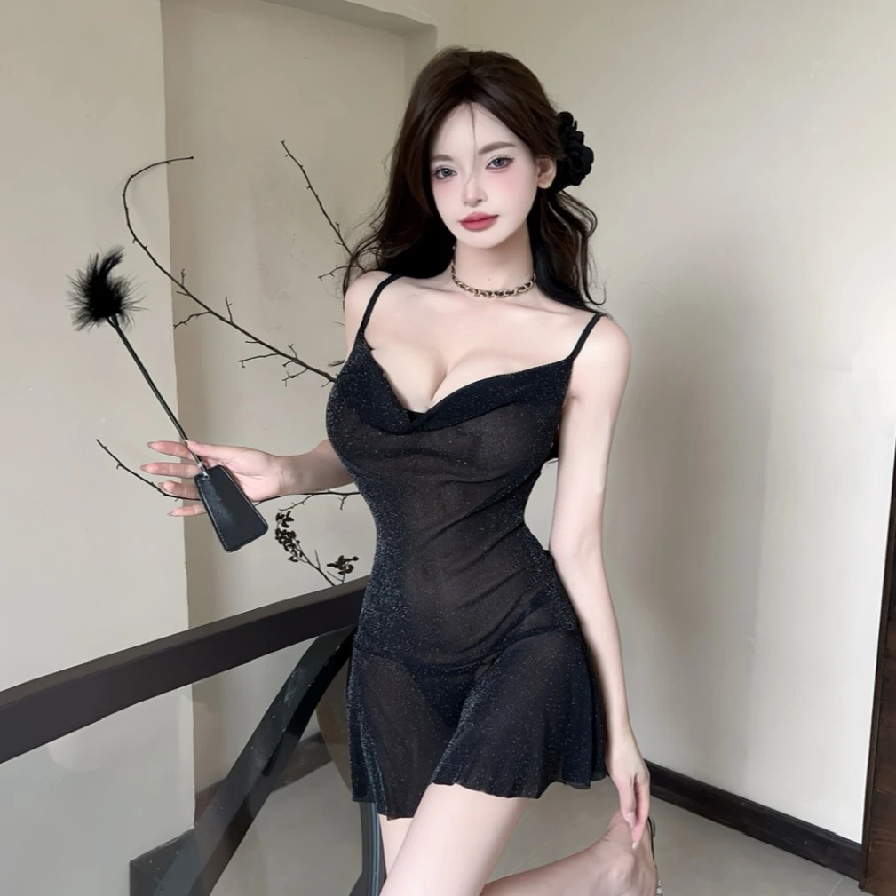 辣妹性感网纱透视紧身收腰荷叶边吊带裙纯欲风荡领低胸露背连衣裙