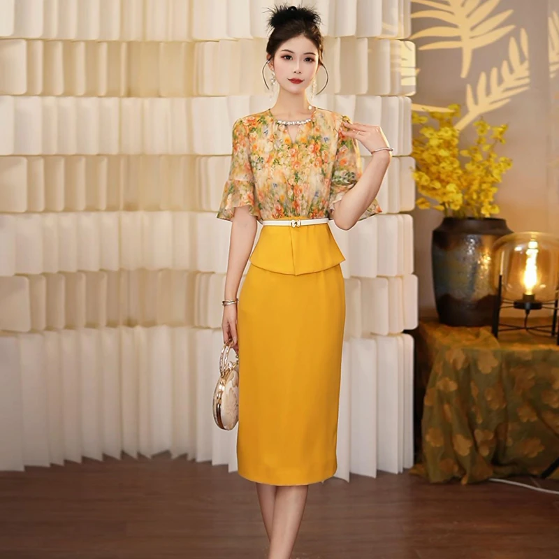 黄色碎花连衣裙夏季短袖薄款高腰圆领气质假两件直筒裙修身裙9991