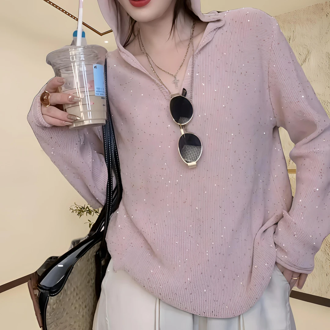 【初春樱花】法式针织衫女春季2025年新款休闲慵懒长袖连帽上衣