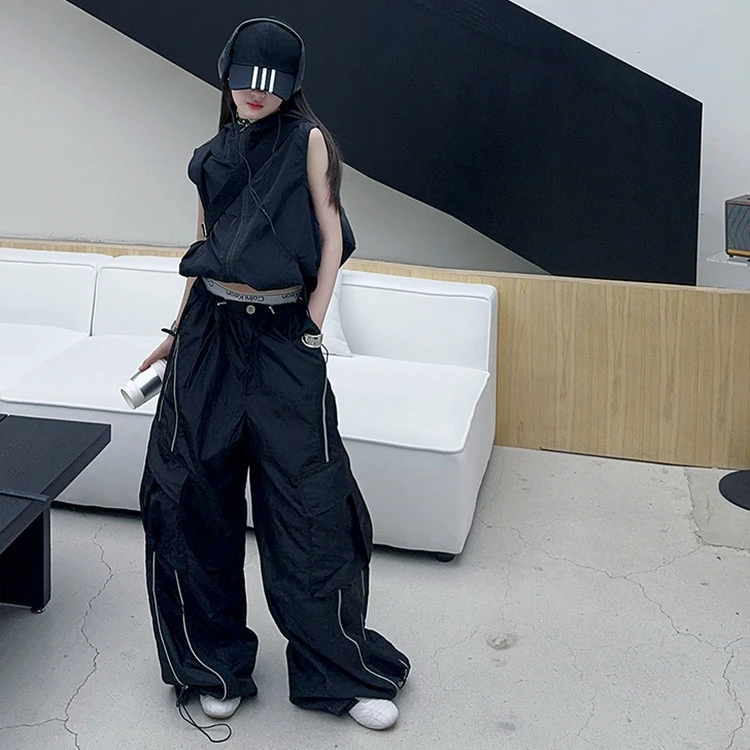 女童2025年新款春秋款美式小众设计休闲裤速干抽绳宽松工装裤套装