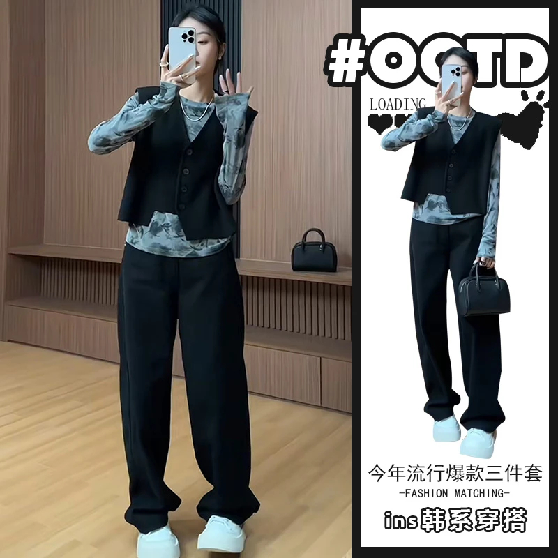 法式气质修身长袖上衣不规则马甲高腰牛仔裤欧美纯欲显气质套装潮