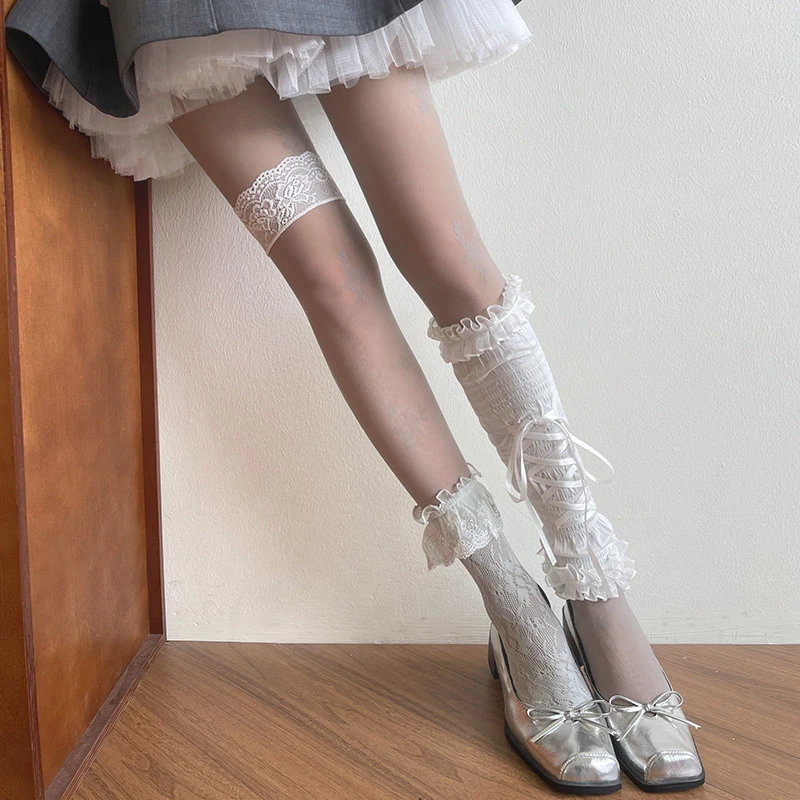 袜贵人新品 格雷系灰调袜子叠穿时髦音乐节绑带花边腿环中筒丝袜