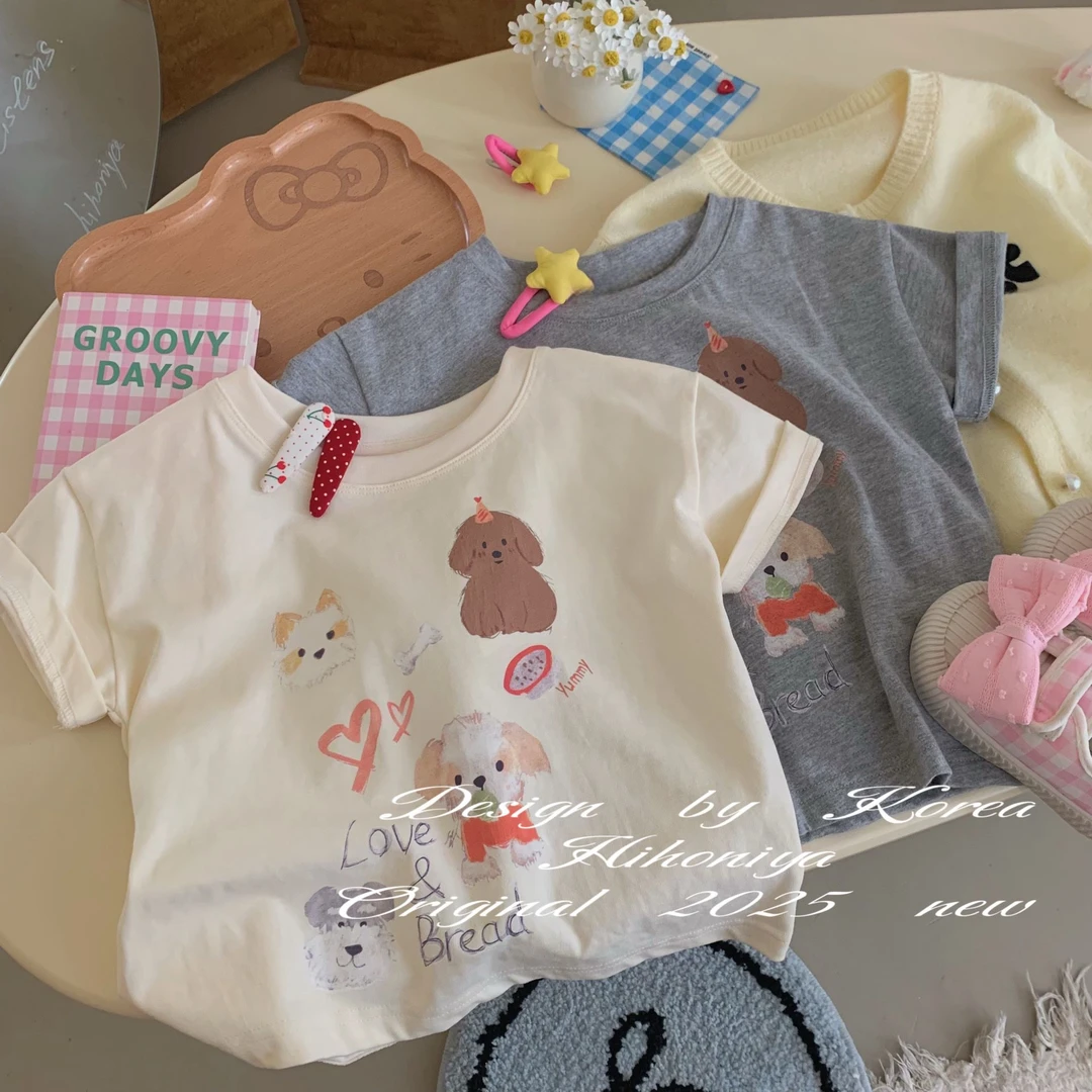 韩国童装夏季新款上衣小狗印花休闲韩版短袖女童纯棉T恤宝宝半袖