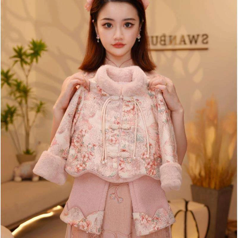 女童国风拜年服花朵夹棉两件套冬季新款新年保暖年服加绒套装童装