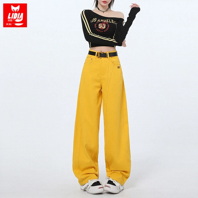 灵貂黄色阔腿牛仔裤女2025秋季新款街头高腰显瘦宽松拖地弯刀裤子