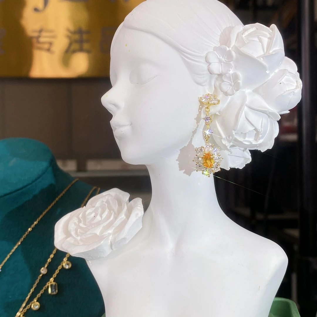 天然汽水色芬达石榴石S925精工银镶嵌耳钉耳坠金色小众原创耳饰