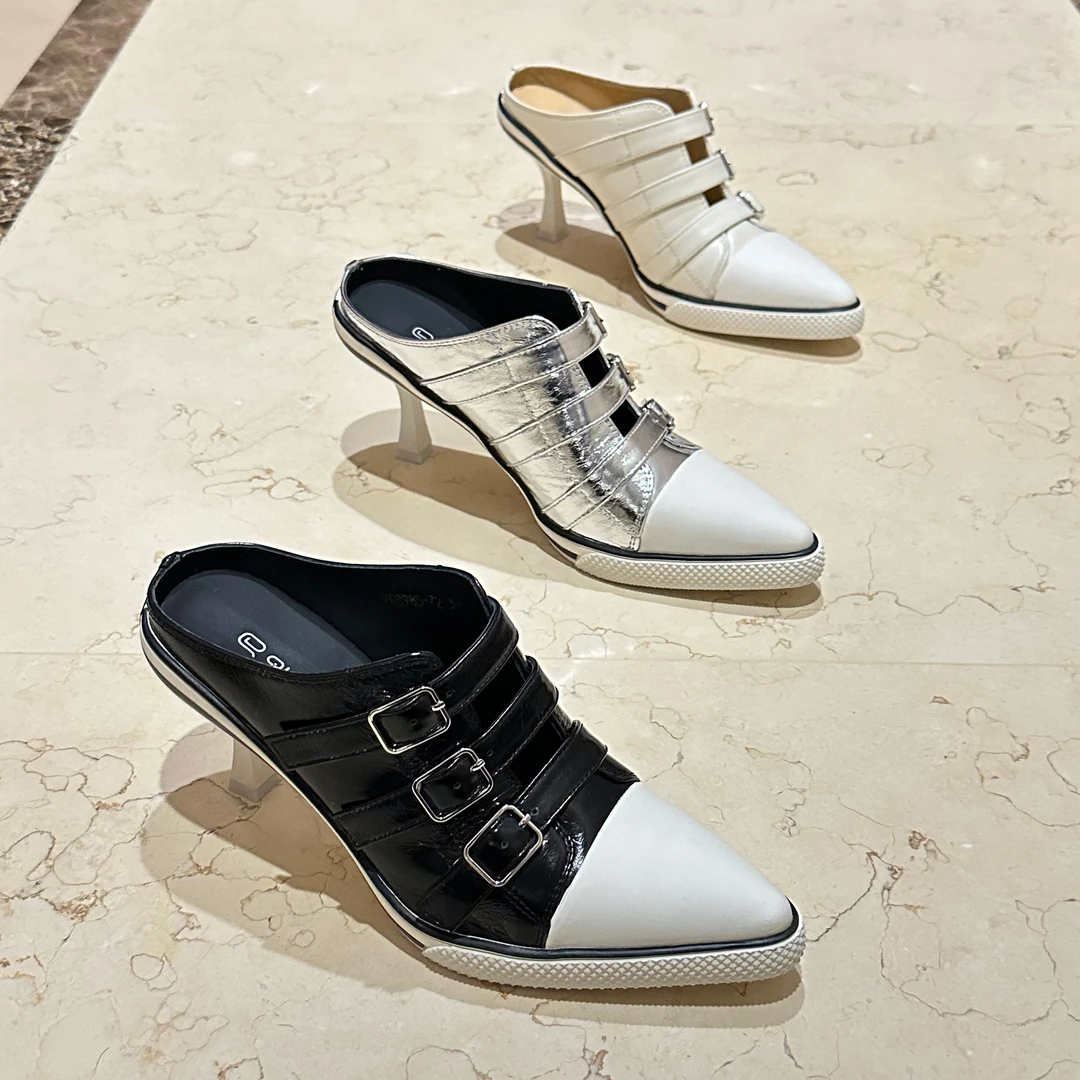 25春夏时尚牛皮尖头细高跟真皮舒适运动大底外穿女包头拖鞋