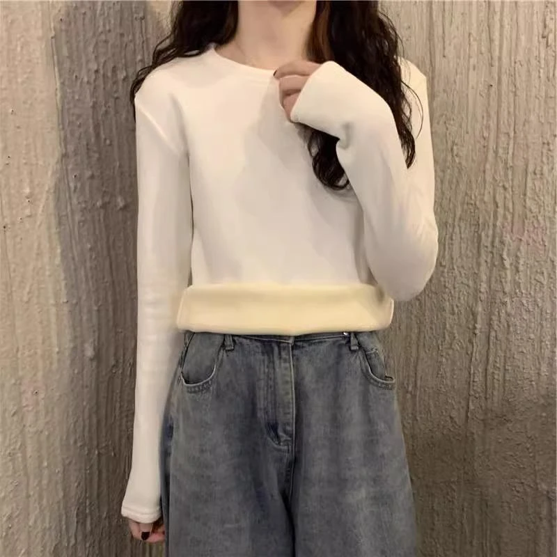 白色德绒内搭长袖T恤女秋冬加绒加厚打底衫保暖百搭修身正肩上衣