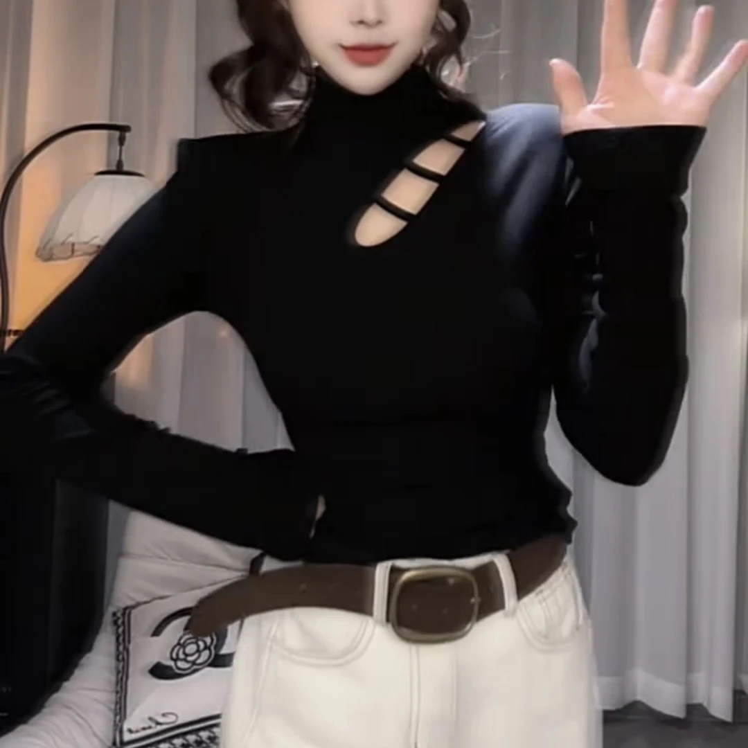 2025秋冬磨毛绒新款韩版设计感镂空性感半高领长袖T恤打底衫上衣