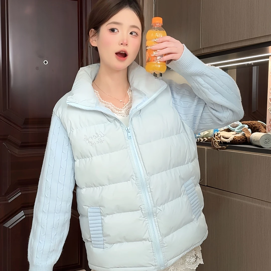 韩版温柔风蓝色麻花针织拼接设计棉服设计感字母刺绣薄款棉衣外套