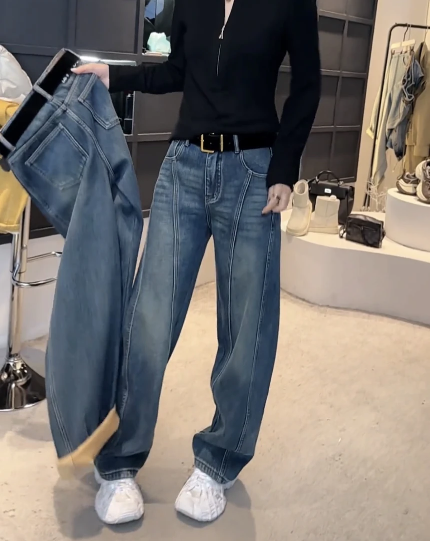 秋冬加绒弯刀裤高腰直筒窄版阔腿裤大码胖mm百搭显瘦拖地牛仔裤