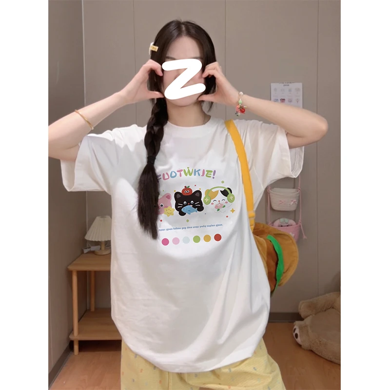 ABFP学院风卡通猫咪印花夏季短袖t恤女小众宽松显瘦百搭甜妹上衣