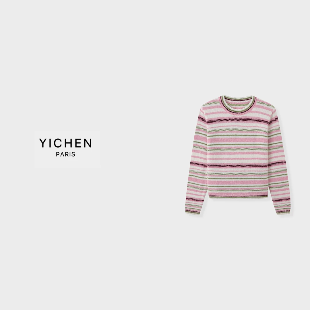YC 粉色提花条纹圆领正肩针织毛衣-6043