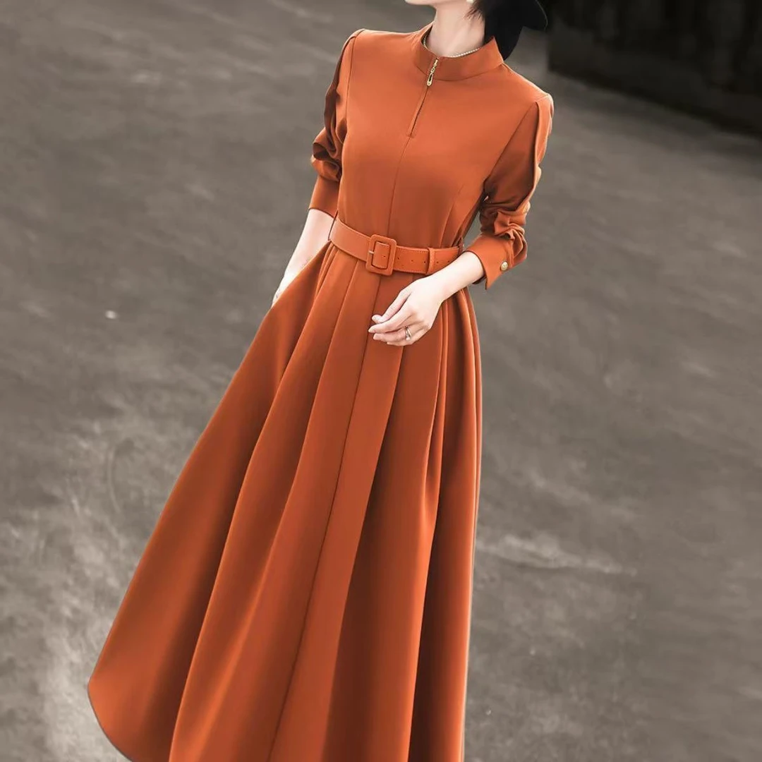 2025新款气质高级感长袖立领收腰显瘦连衣裙女洋气修身名媛裙子