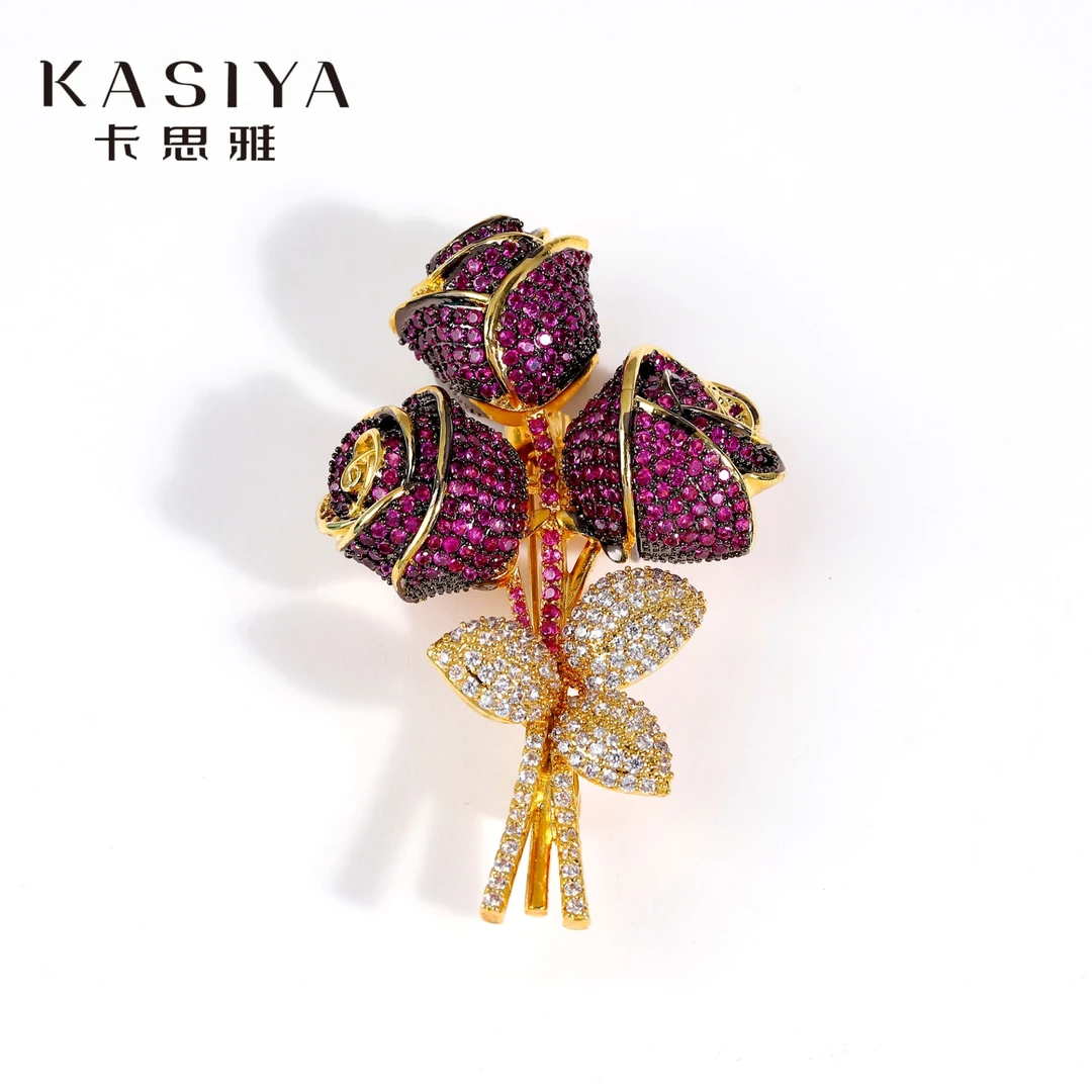 kasiya/卡思雅 铜合金锆石胸针 时尚百搭手捧玫瑰胸针