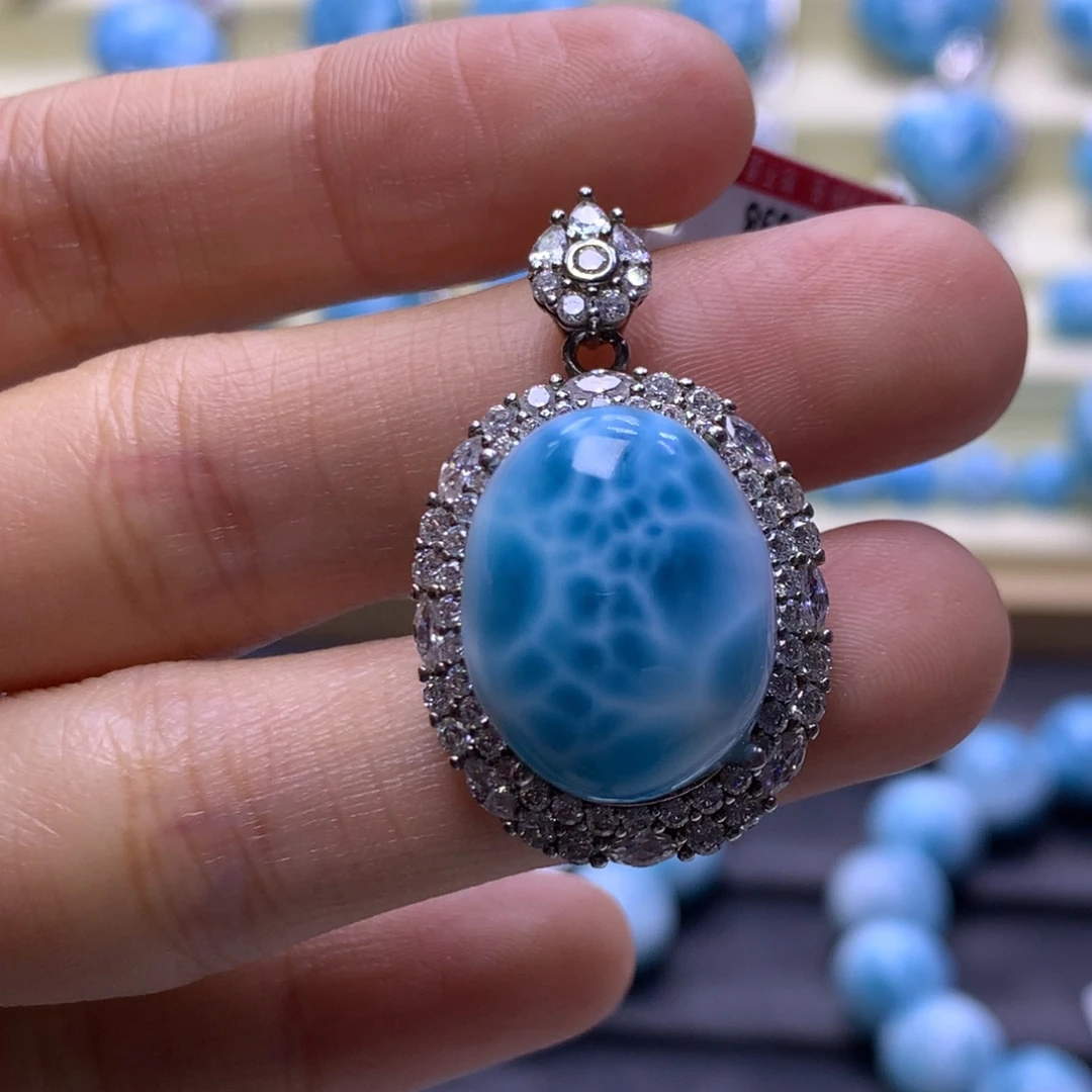 针钠钙石（海纹石）银S925镶嵌吊坠(不含链)蛋面吊坠色差略异