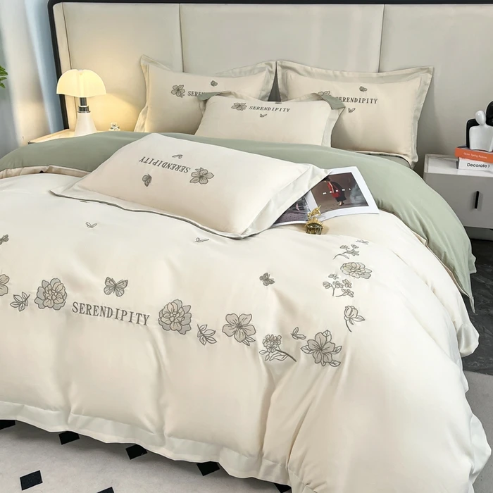 XB轻奢2025新款亲肤棉刺绣四件套-秘密花园-白绿床上用品简约绣花