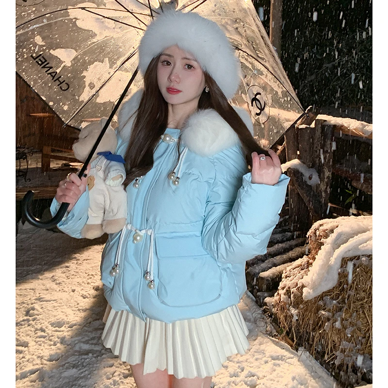 冰冰来了【糯米糍】国风复古盘扣狐狸大毛领短款连帽羽绒服24479