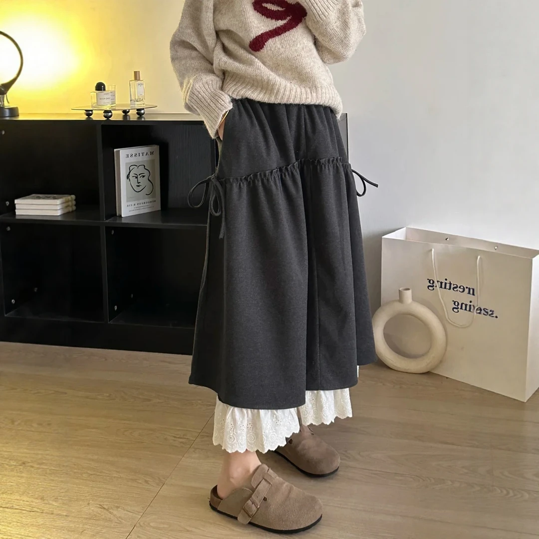 灰色设计感蕾丝拼接毛呢裙女秋季大码胖mm显瘦遮胯a字中长半身裙