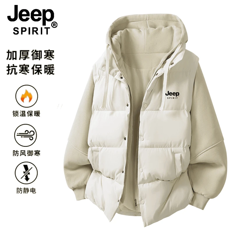 JEEPSPIRIT吉普冬季假两件棉服男女同款加厚保暖防风连帽棉衣外套