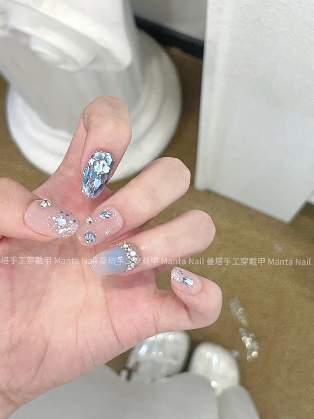 【售完不补】冰雪圆舞曲｜蓝色气质时尚短甲纯欲纯手工穿戴甲