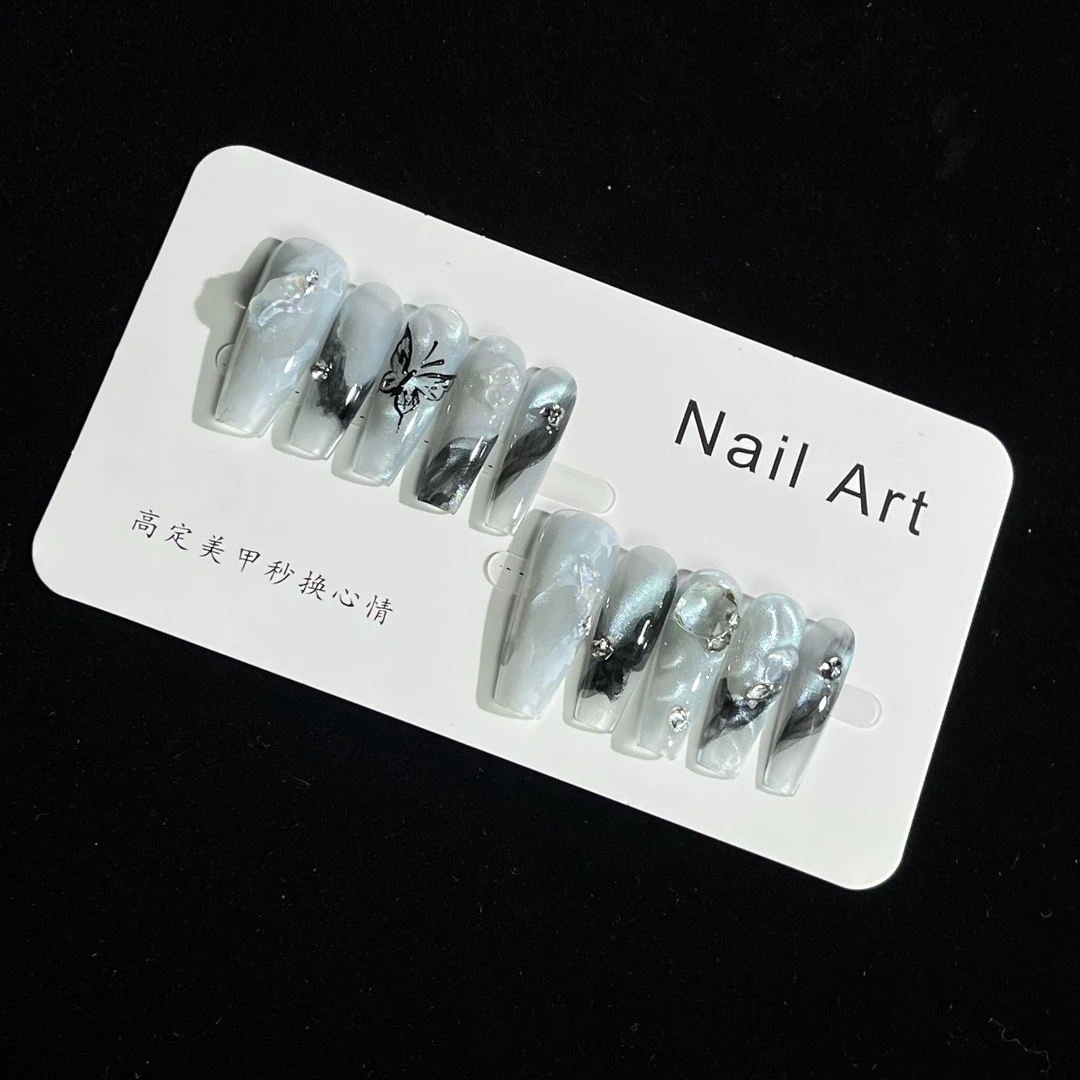 新款仙女磨砂古风新中式国墨蓝蝶秘境长梯穿戴甲