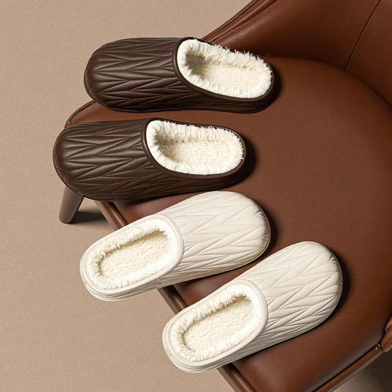 2025冬天棉拖鞋美拉德褶皱女室内家居防水保暖居家加绒皮拖男情侣