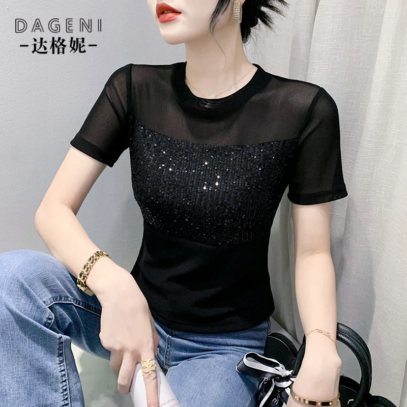 性感微透网纱短袖t恤女2025夏季新款时尚亮片修身上衣高档小衫女