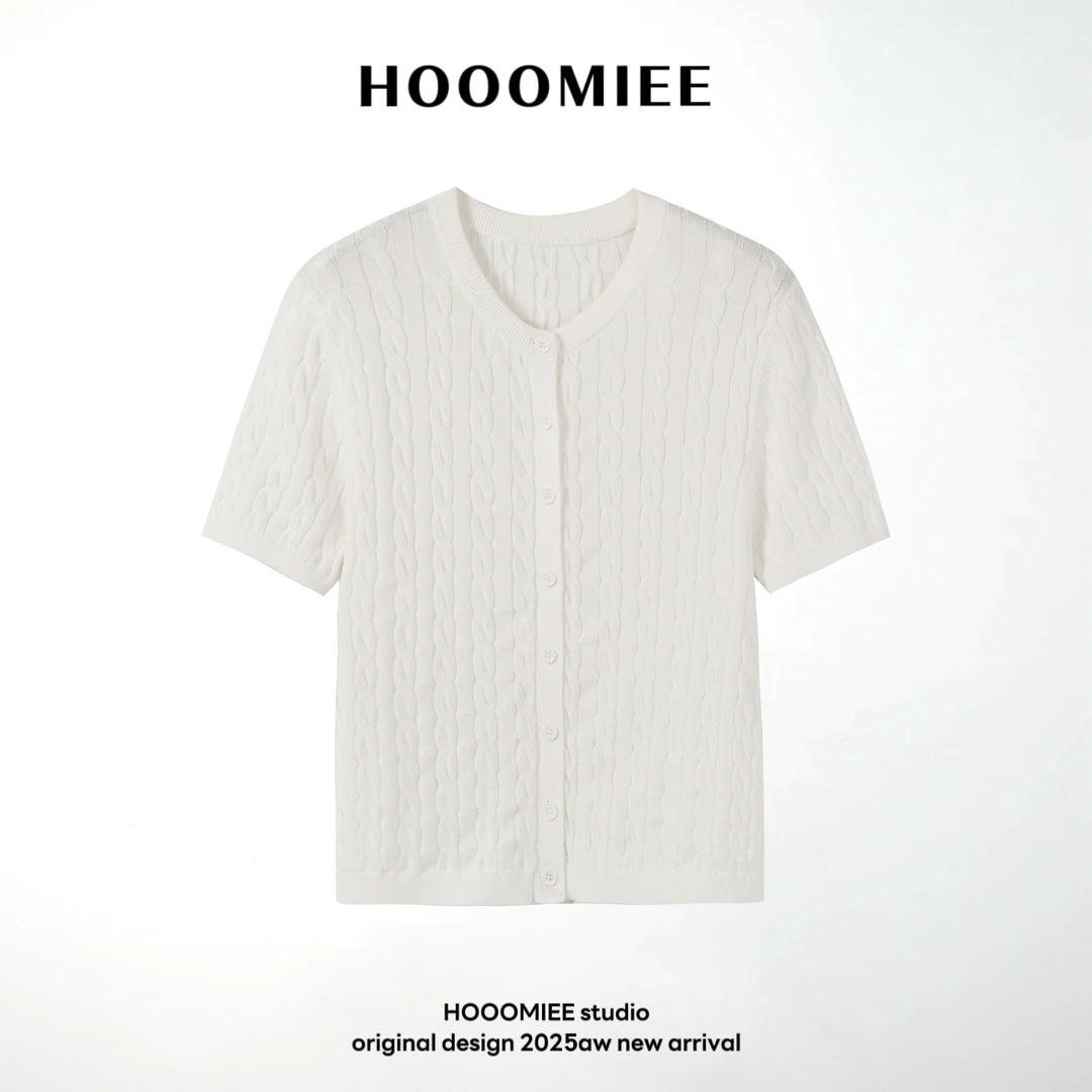 Hooomiee冰感麻花针织开衫短袖夏季纹理圆领T恤J25038