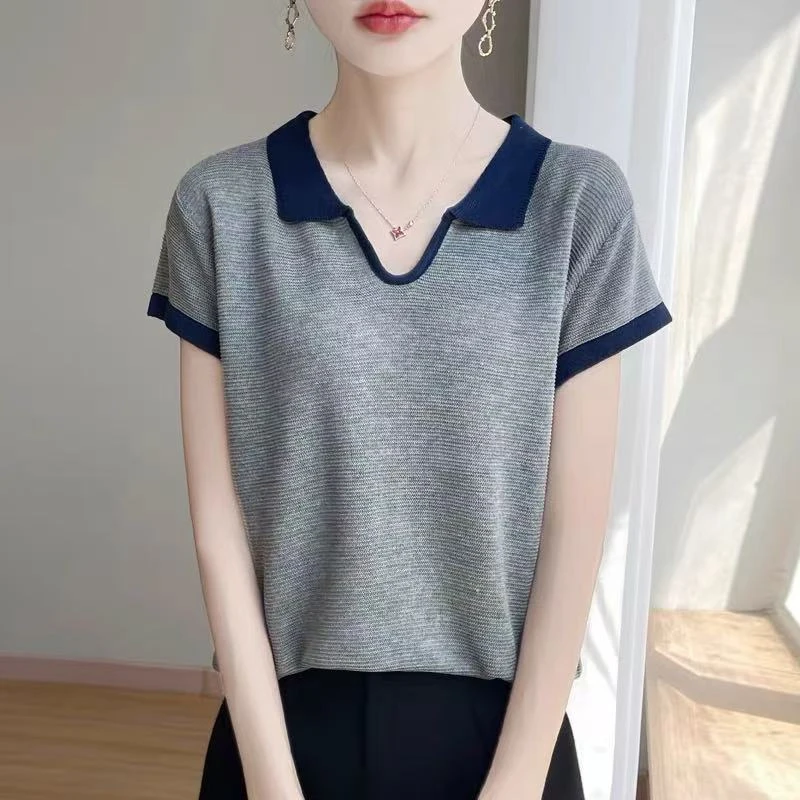 莱赛尔天丝~韩系气质撞色翻领针织短袖女夏季韩系穿搭新款宽松薄