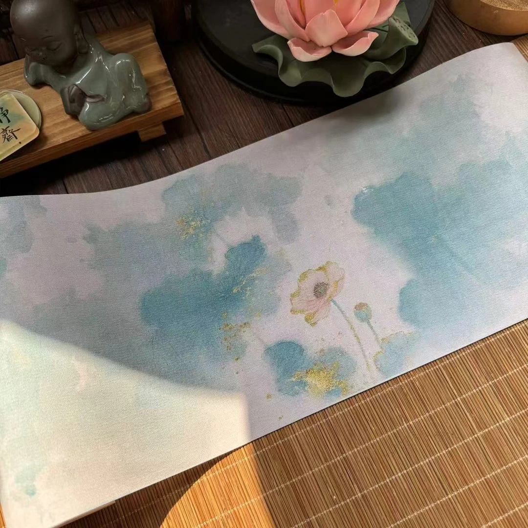静德斋【是绢布】【迷你水墨莲花绢布长卷】小楷行草书半生熟宣纸