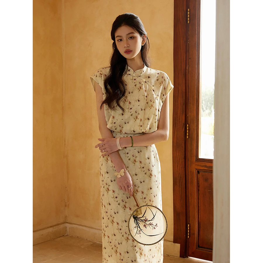 张贝贝 缎面水墨樱桃 淡黄木槿 国风改良连衣裙