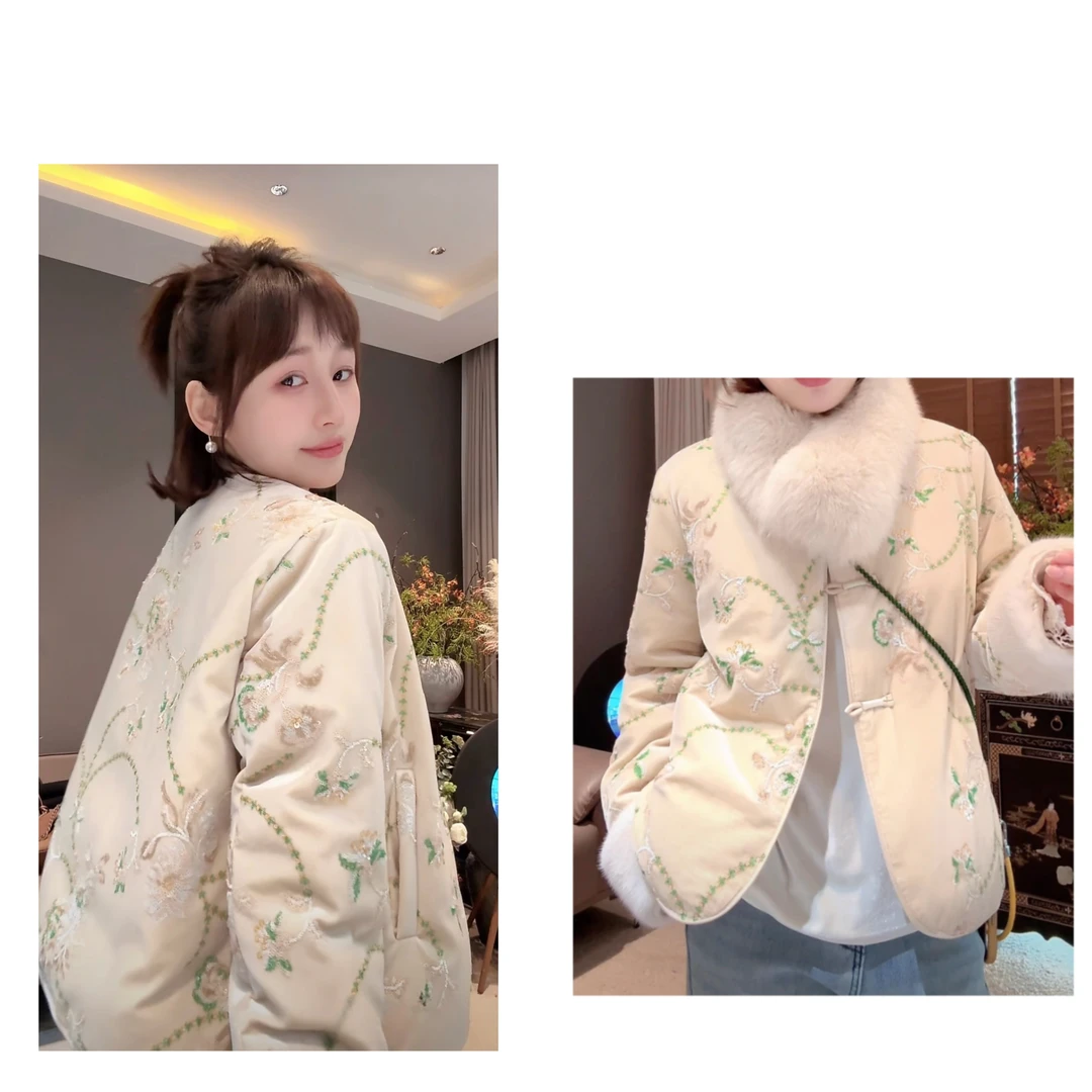 新中式刺绣轻奢白鸭绒羽绒外套