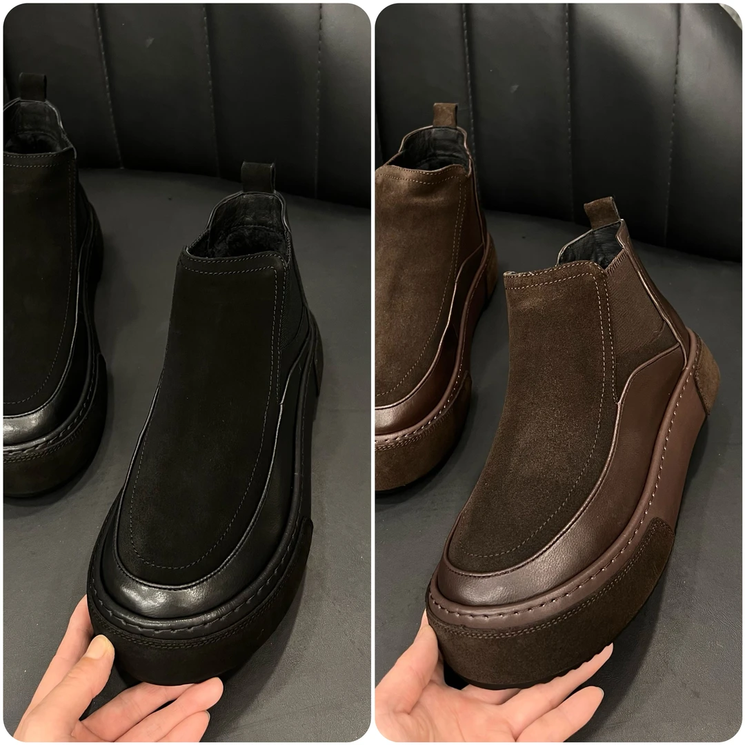 2836冬季加绒头层牛皮翻绒皮一脚蹬切尔西靴