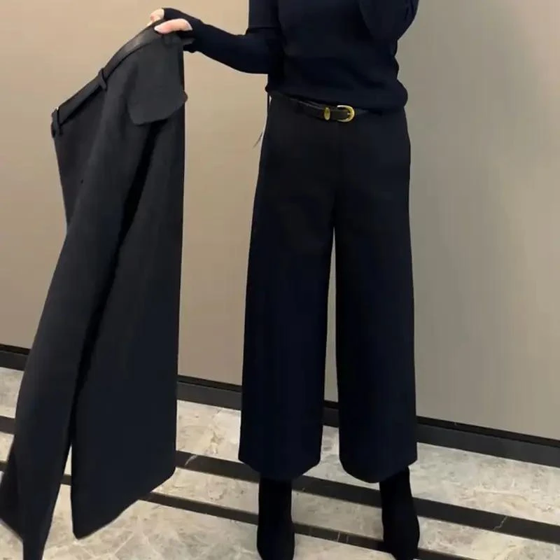 秋冬休闲裤九分裤直筒裤子宽松松紧腰时尚高腰百搭显瘦毛呢阔腿裤