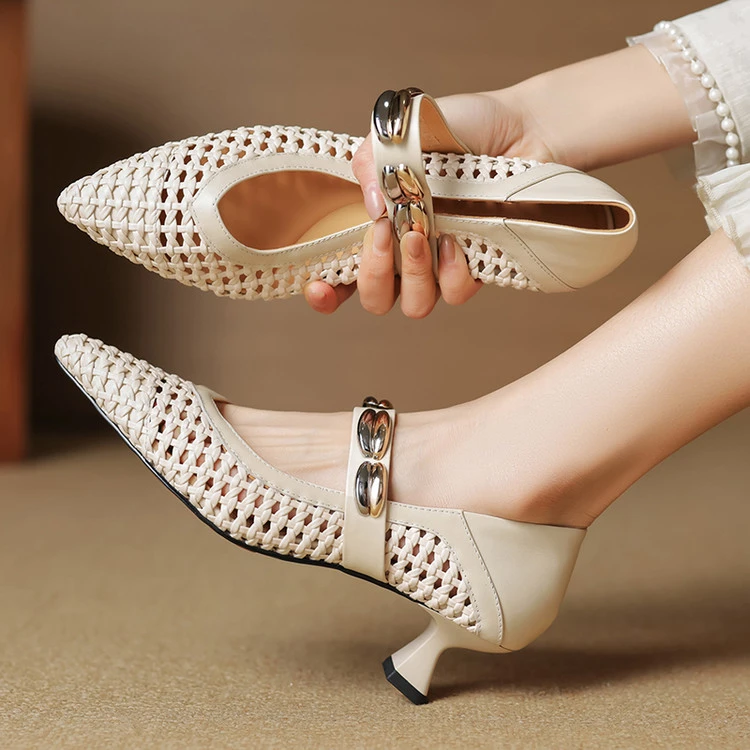 头层牛皮+编织5cm～尖头中跟百搭玛丽珍舒适气质细跟时尚时装凉鞋