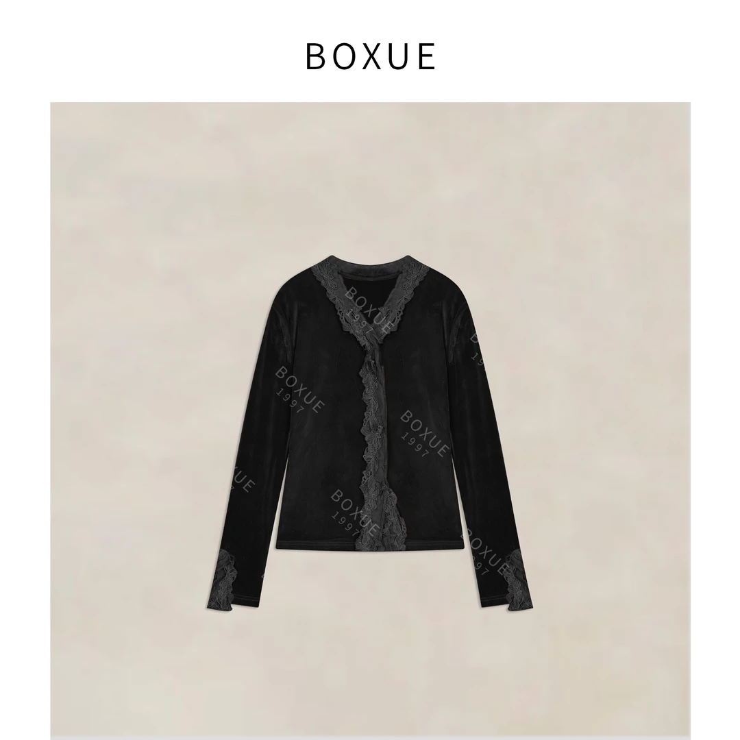 BOXUE”花未眠”2025秋冬桑蚕丝蕾丝刺绣设计轻奢 T恤#251212T7633