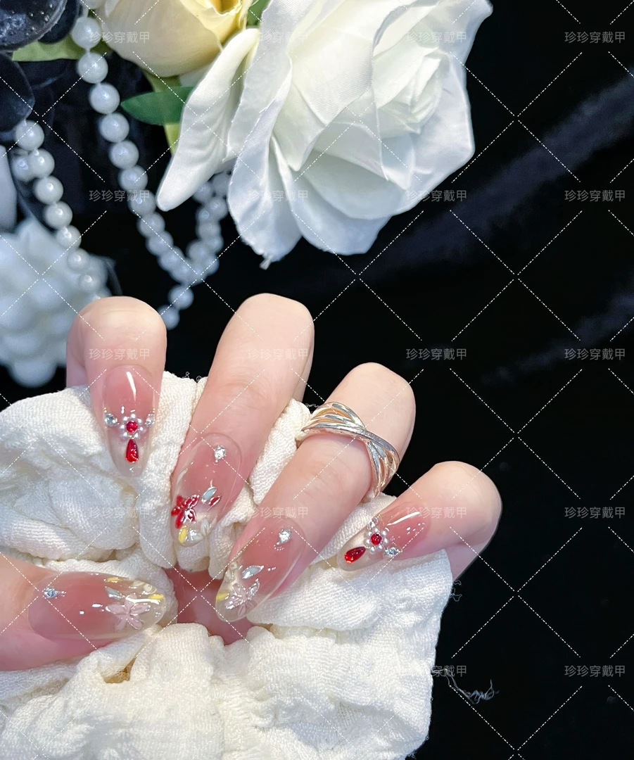 【洛神】珍珍手工穿戴甲新中新国风掐丝珐琅彩色花卉猫眼美甲贴片