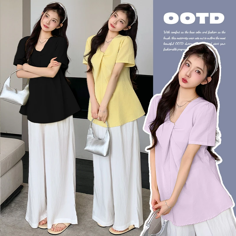 时尚孕妇装夏装套装2025新款潮流短袖上衣可调节猪鼻扣阔腿裤夏款